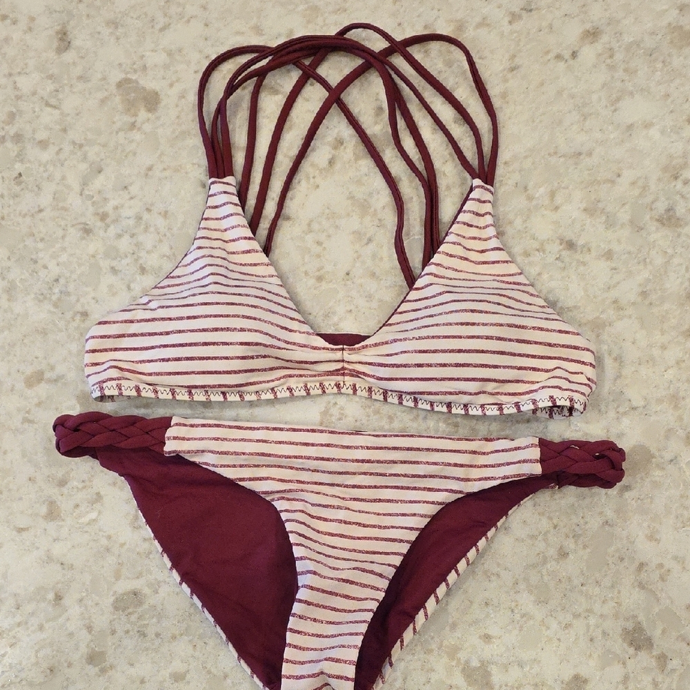 Striped Bikini Set in Burgundy and White